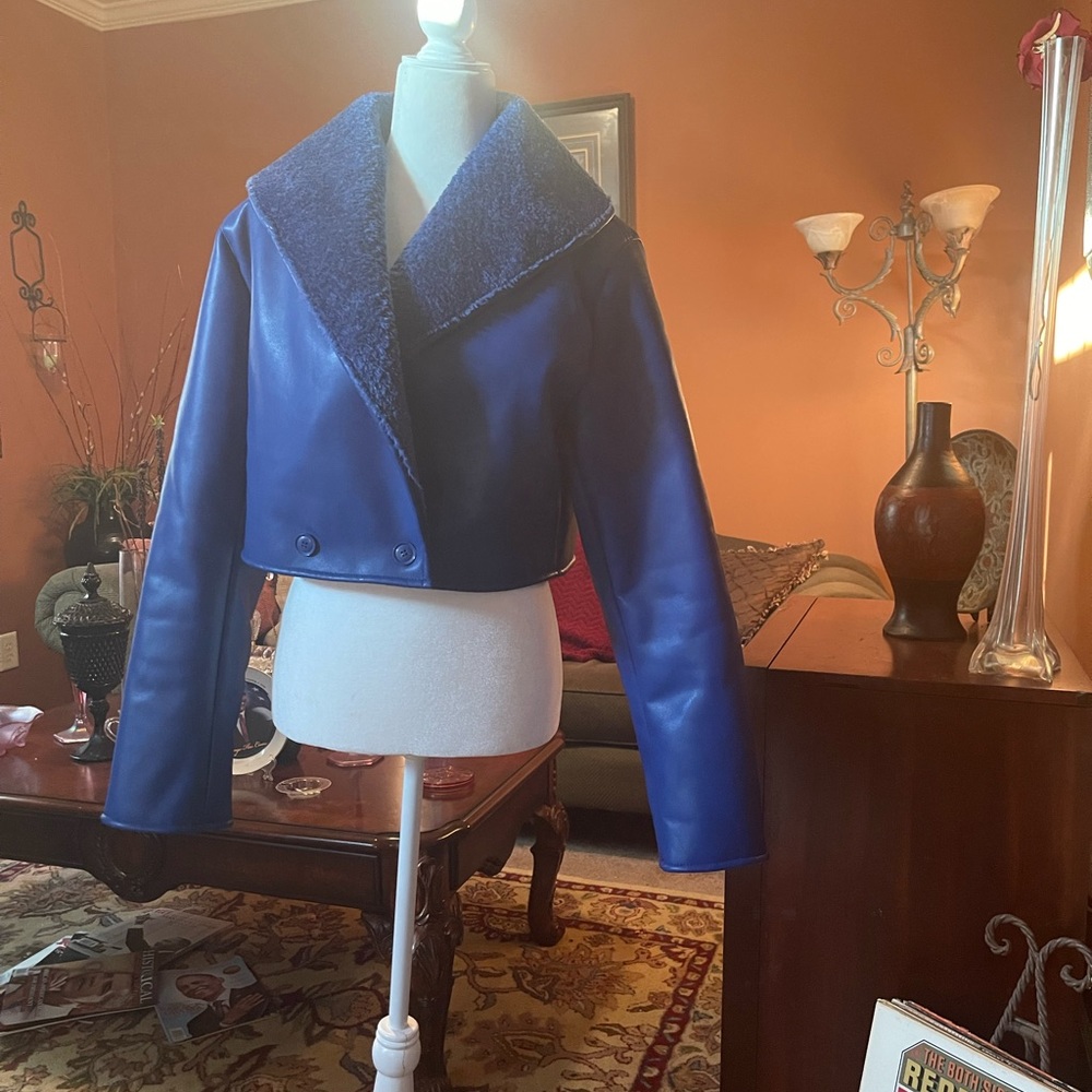 Blue Cropped Faux Leather/ Sherpa Leather Jacker